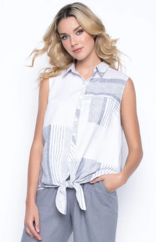 Picadilly Grey/White Sleeveless Tie Front Top MM142PF