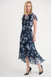Joseph Ribkoff 203697 Midnight Blue Floral Print Chiffon Ruffled Midi Dress
