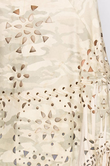 Origami 508-YM30 Camouflage Print Ultra-suede Cape with Laser Cut-Outs and Fringe