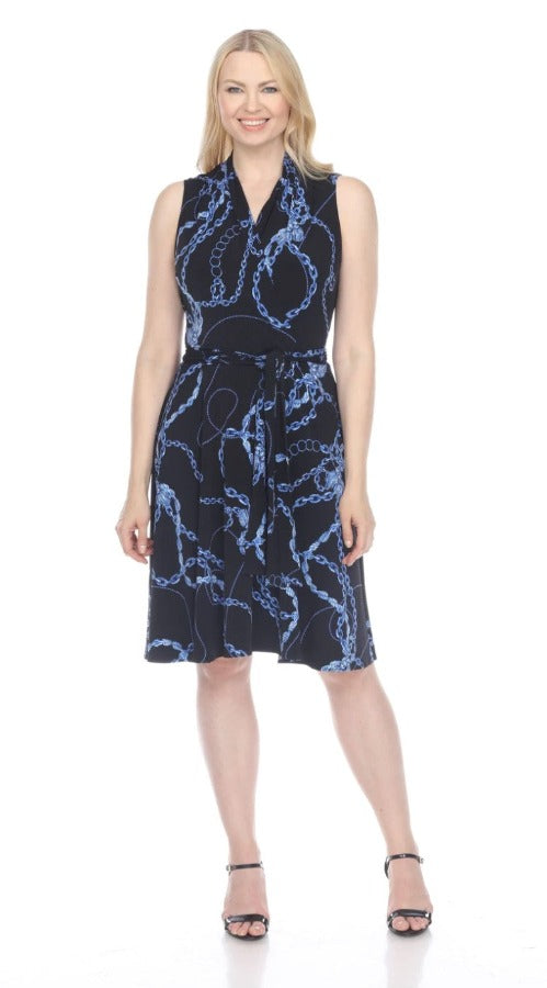 Joseph Ribkoff Black/Multi-Color Chain Print Belted Dress 212199