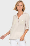 Joseph Ribkoff Champagne Sequin Trim Collared V-Neck Top 192461