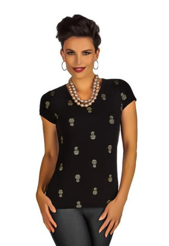 Tricotto - Fashion Model, Short Sleeve Top Black Stripes & Rhinestone  Accents at  Women's Clothing store