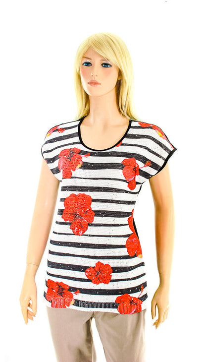 Black, inventory, Multi-color, Sequin, Short Sleeve, Studs, Tops, White - August Brock Fashions