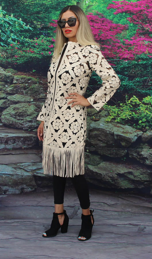 ABF Floral Fringe Long Leather Jacket 11910191