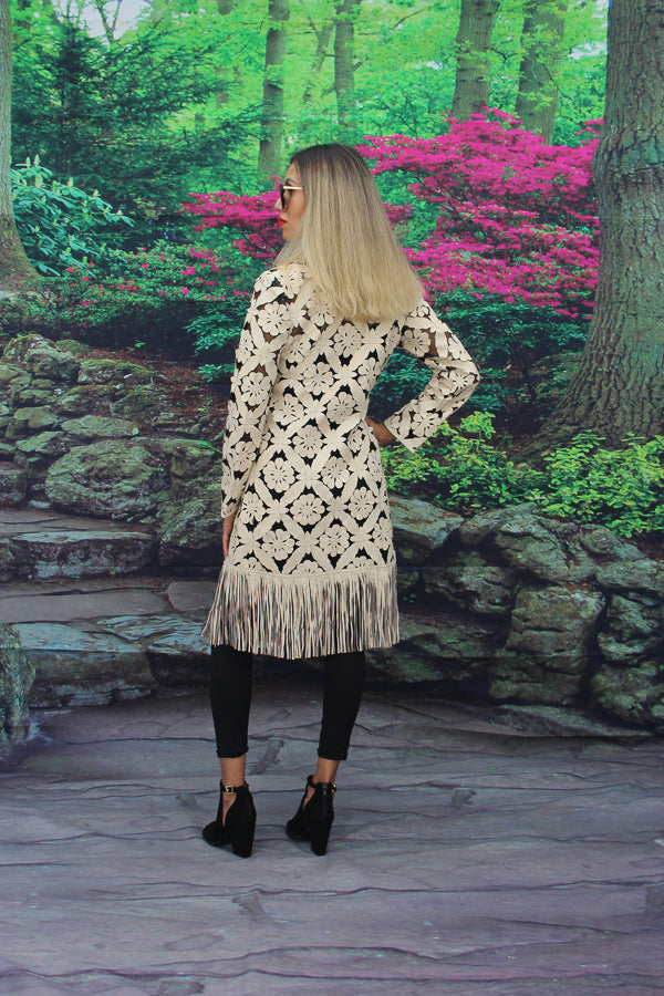 ABF Floral Fringe Long Leather Jacket 11910191