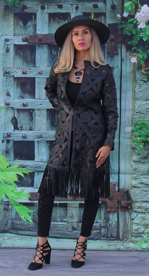 ABF Floral Fringe Long Leather Jacket 11910191